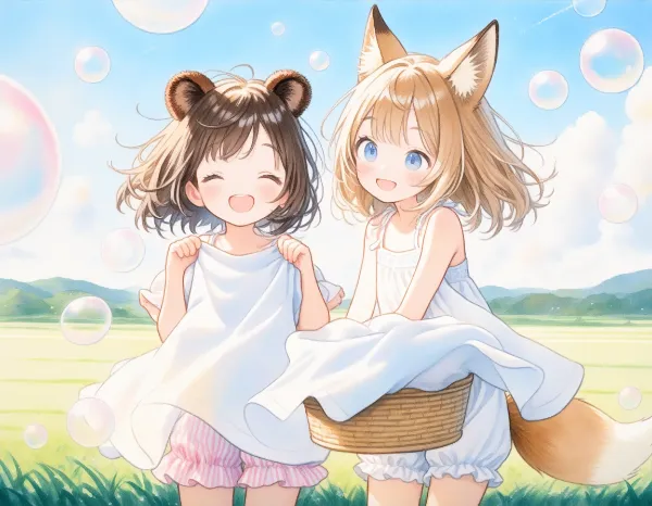 コン子とポン子・お洗濯をした