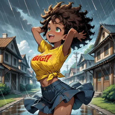 雨の路地でビッグスマイル