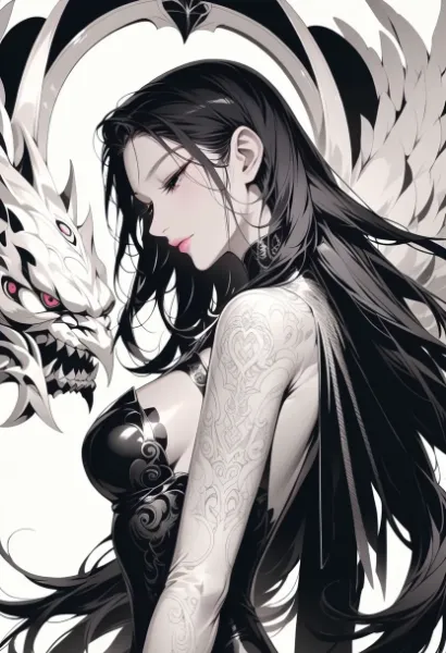 白龍に寄り添う黒髪の美女