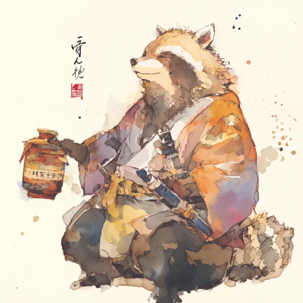 酒瓶を抱く狸の休息