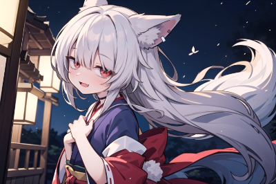 狼耳　着物　夜