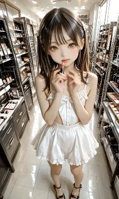 コスメショップでメイクする女の子
