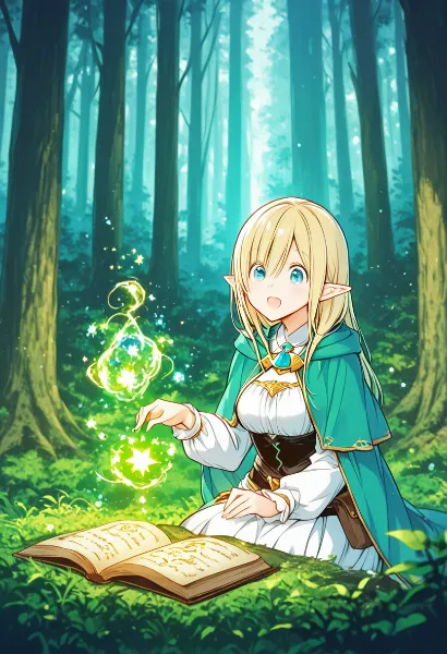 森のエルフと輝く魔法の書
