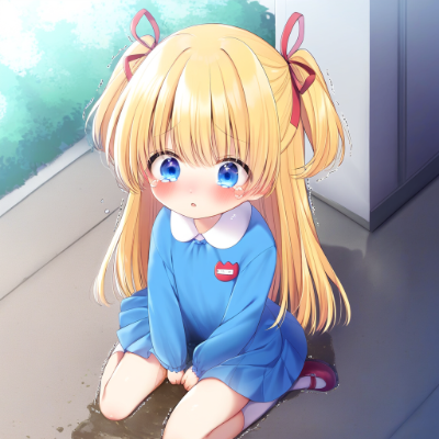 金髪少女が幼稚園衣装でおもらし