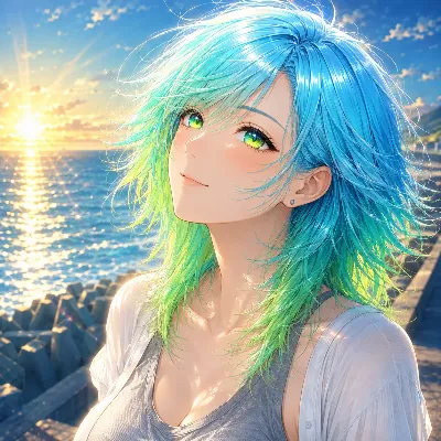 夕陽の海辺で風になびく青髪の少女