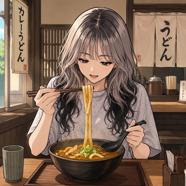 カレーうどんを食べるレージュちゃん♪