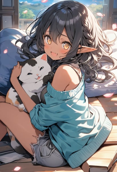 じゃれ合うエルフさんと三毛猫