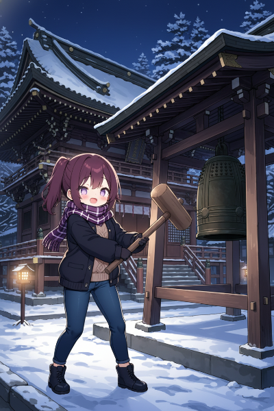 除夜の鐘を鳴らす少女