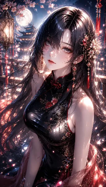 月夜の黒髪美人
