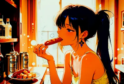 【黄昏の晩酌】夕暮れ時のエモい光の中で、おつまみを全力で味わう横顔