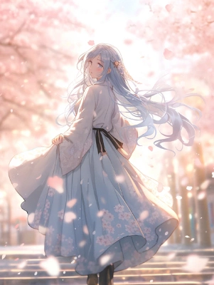 桜の花道を歩く少女