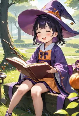 魔法の森で本を読む小さな魔女