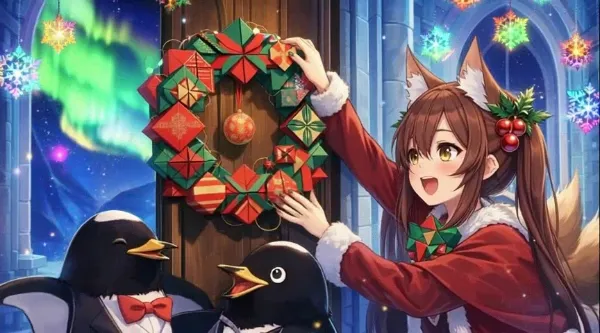 徹夜で作った折り紙リースを揺らして友達のペンギンにギリぶつからないように揺らして遊ぶ少女と気のいいペンギン