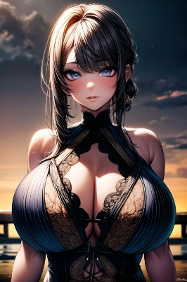 絶景夕焼けと美女