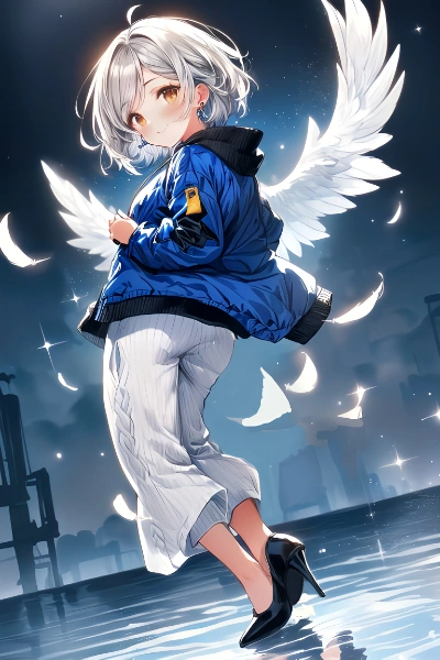 コバルトブルー・ダウンジャケット with Sparkling Feathers