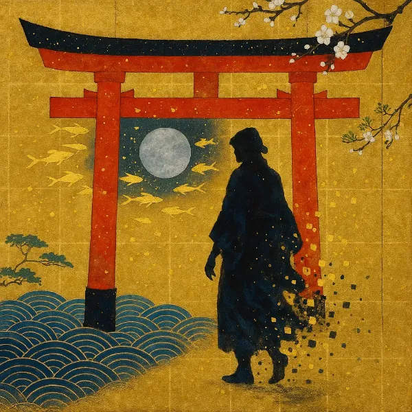 月下の鳥居で消えゆく影の旅人