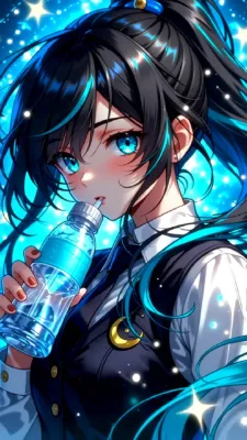 水を飲む青髪の少女