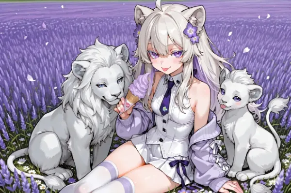 ラベンダー畑の白ライオン