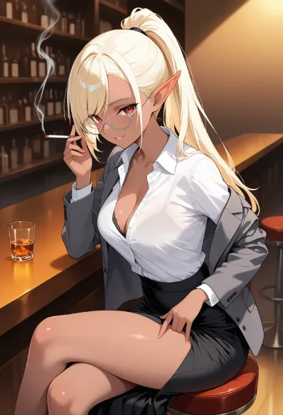 バーに溶け込むエルフの休息