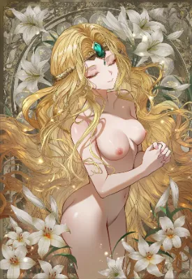 目を閉じてヌード姿で祈るエメロード姫