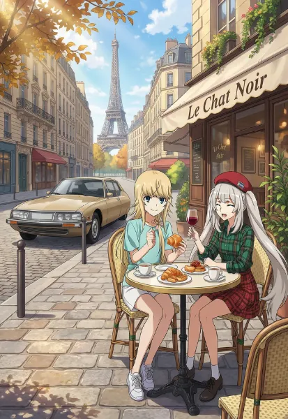 パリのカフェで楽しむFGOのデオンとマリー