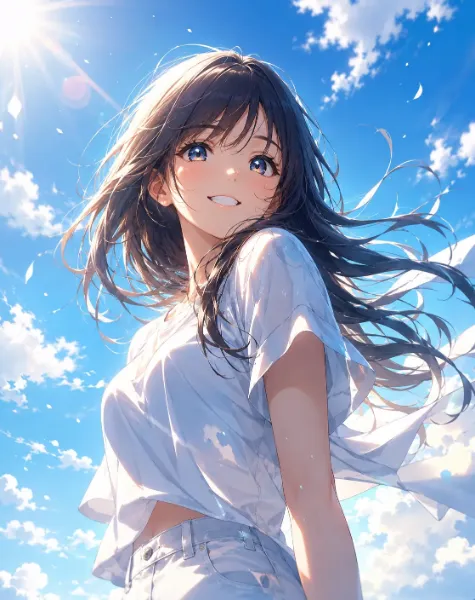 青空に舞う黒髪と、輝く夏の笑顔