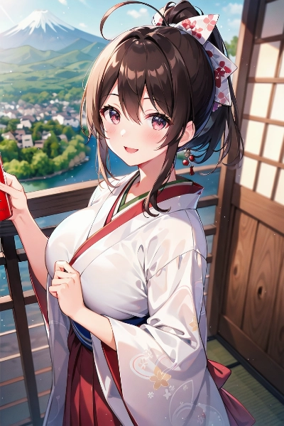 和装の彼女と富士山