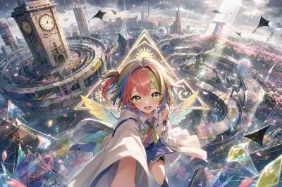虹色の翼で舞う、浮遊都市の自撮り