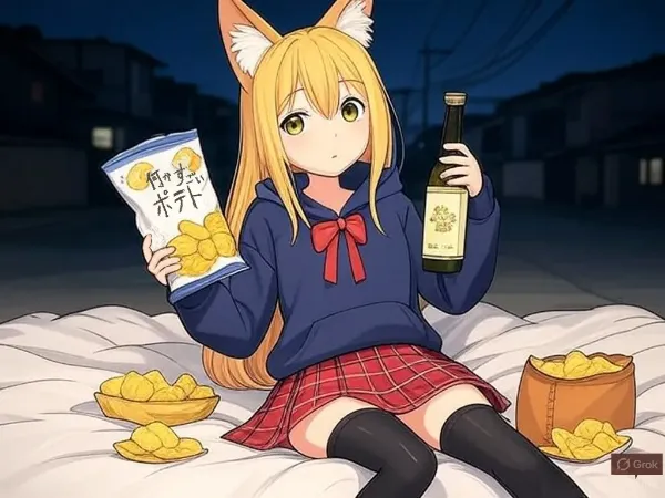 路上でポテチを肴に酒を飲み始める狐耳系女子