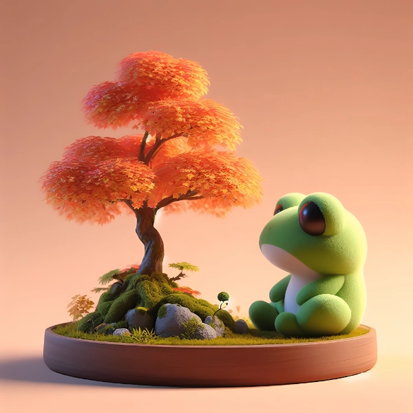 盆栽で紅葉狩りを楽しむカエル