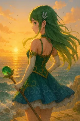 夕の水平線を見つめる魔法少女