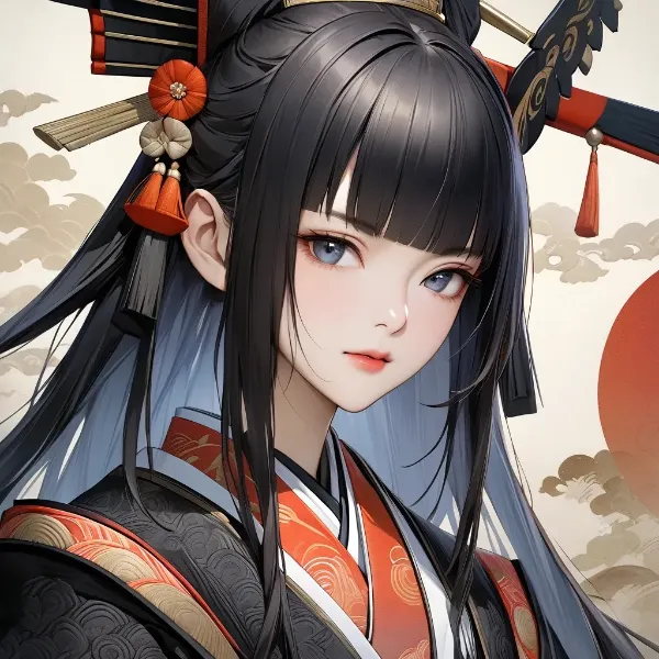 紅日を背に立つ和装少女