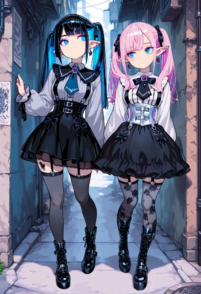 路地をゆく青とピンクのエルフ