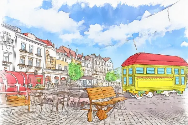 絵本風の町中のキッチンカー