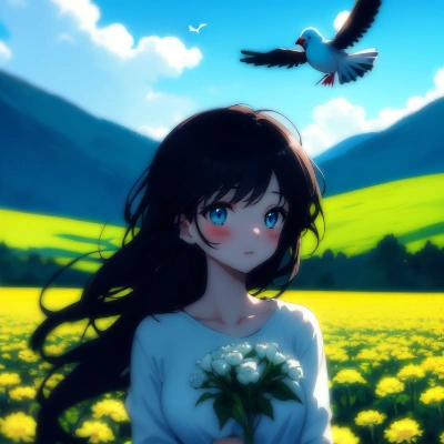 花と鳥に囲まれる少女
