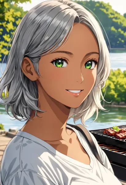 BBQを楽しむ褐色お姉さん