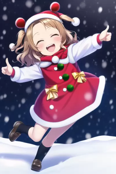 雪降る公園でクリスマスのイベントで楽しむ女の子たち