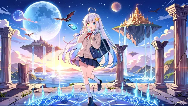 幻想世界に立つ制服少女