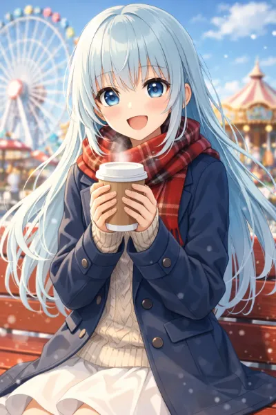 冬の遊園地で温かい飲み物を持つ少女