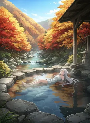 秋渓の銀髪湯浴み少女