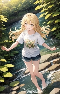 水辺で佇む金色の髪の少女