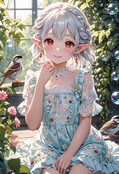 泡と小鳥のエルフ少女の秘密の庭
