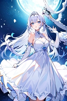 sanctualy, blue eyes, long silver hair, white dress, goddes,