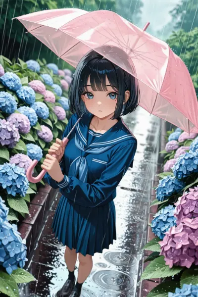 雨とアジサイ