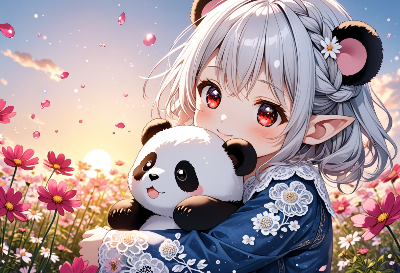 パンダちゃんと夕陽の花畑