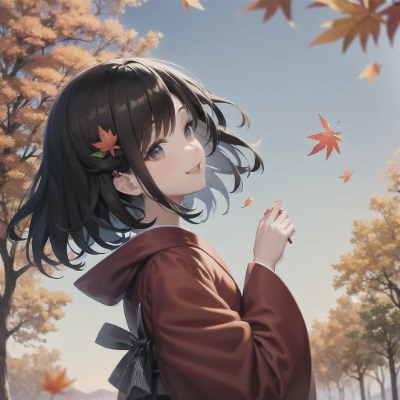 紅葉が舞う中空を見上げる、着物少女