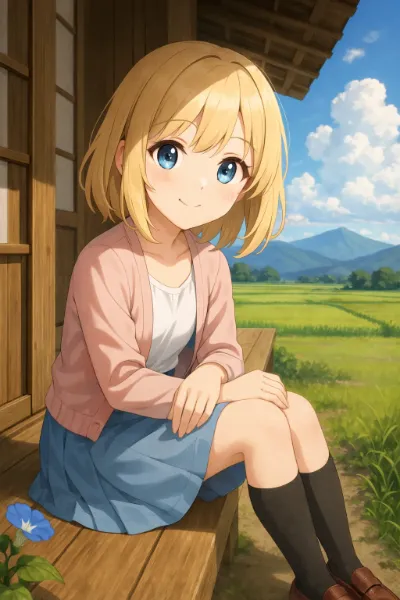 青空の下、木の戸でくつろぐ少女