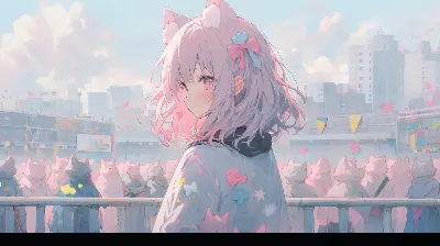猫の民を見守るピンクの少女