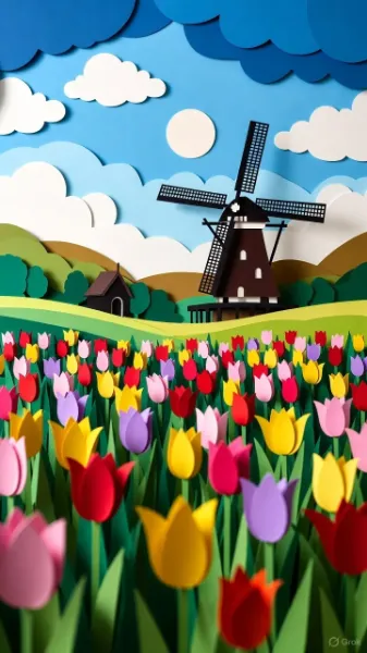 オランダのチューリップ畑(Layered Paper Art)