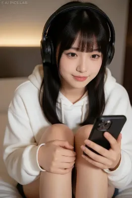 🎧ワイヤレスヘッドホン装着中のぱっつん美女が、音楽に溺れて大胆に…